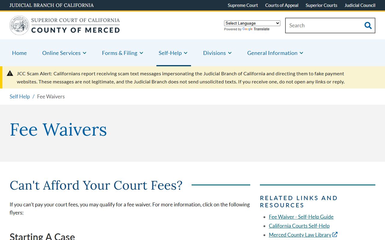 Merced Superior Court fee waiver page