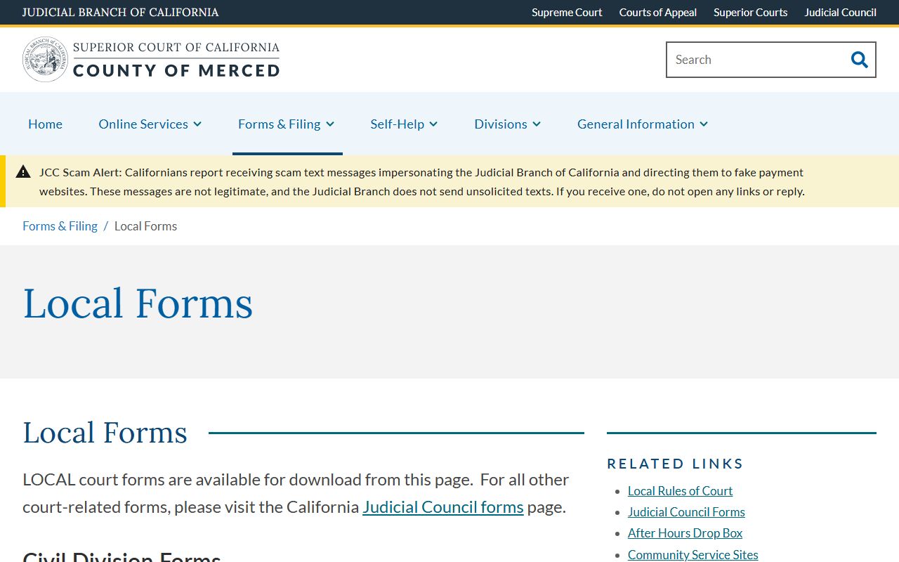 Merced Superior Court local forms index page