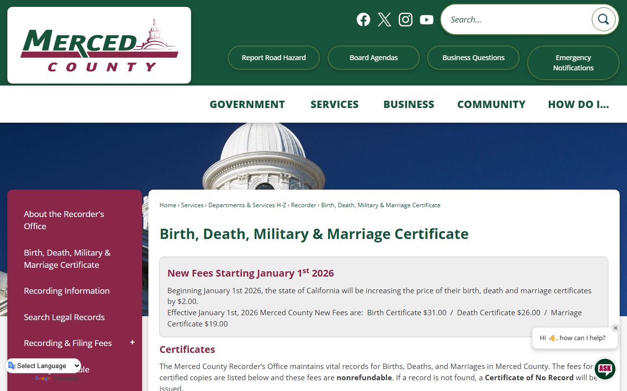 Merced County Recorder vital records page