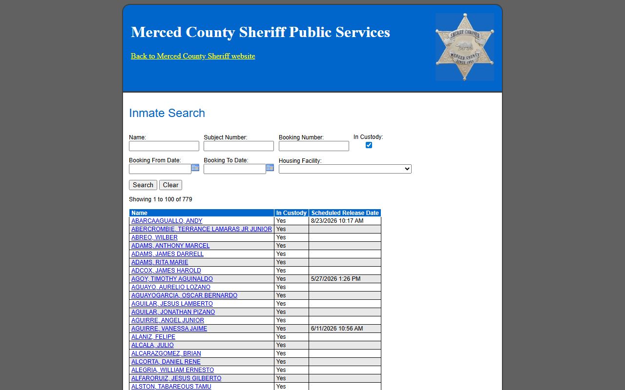 Merced County Sheriff Inmate Inquiry search page