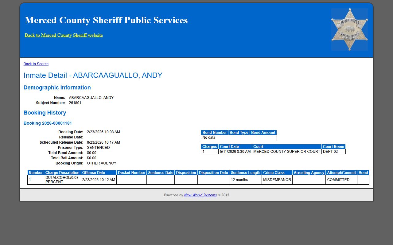 Sample Merced County inmate profile detail page