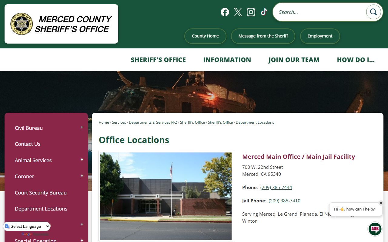 Merced County Sheriff department locations including Main Jail and John Latorraca Correctional Center