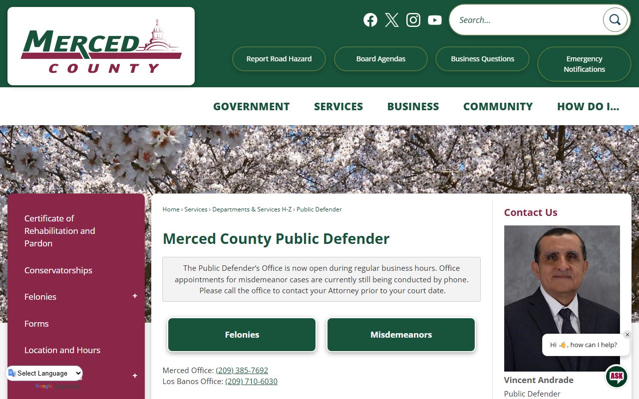 Merced County Public Defender page covering criminal defense and record sealing