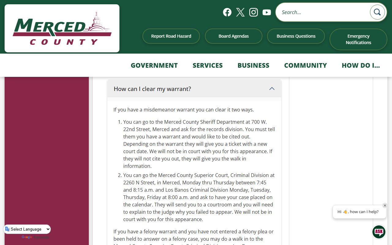 Merced County Public Defender FAQ covering warrant and traffic guidance