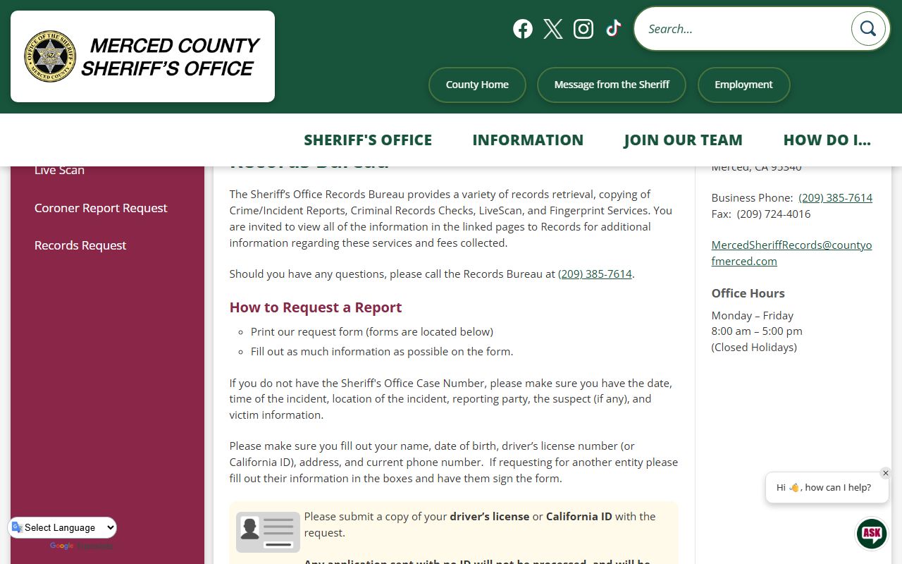 Merced County Sheriff Records Bureau request page for incident report public records