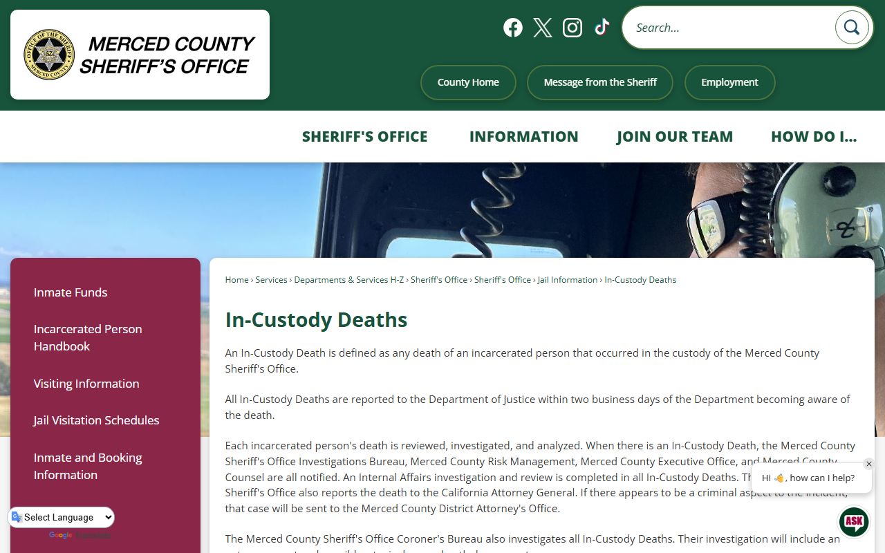 Merced County Sheriff In-Custody Deaths page used for Merced County inmate population risk context