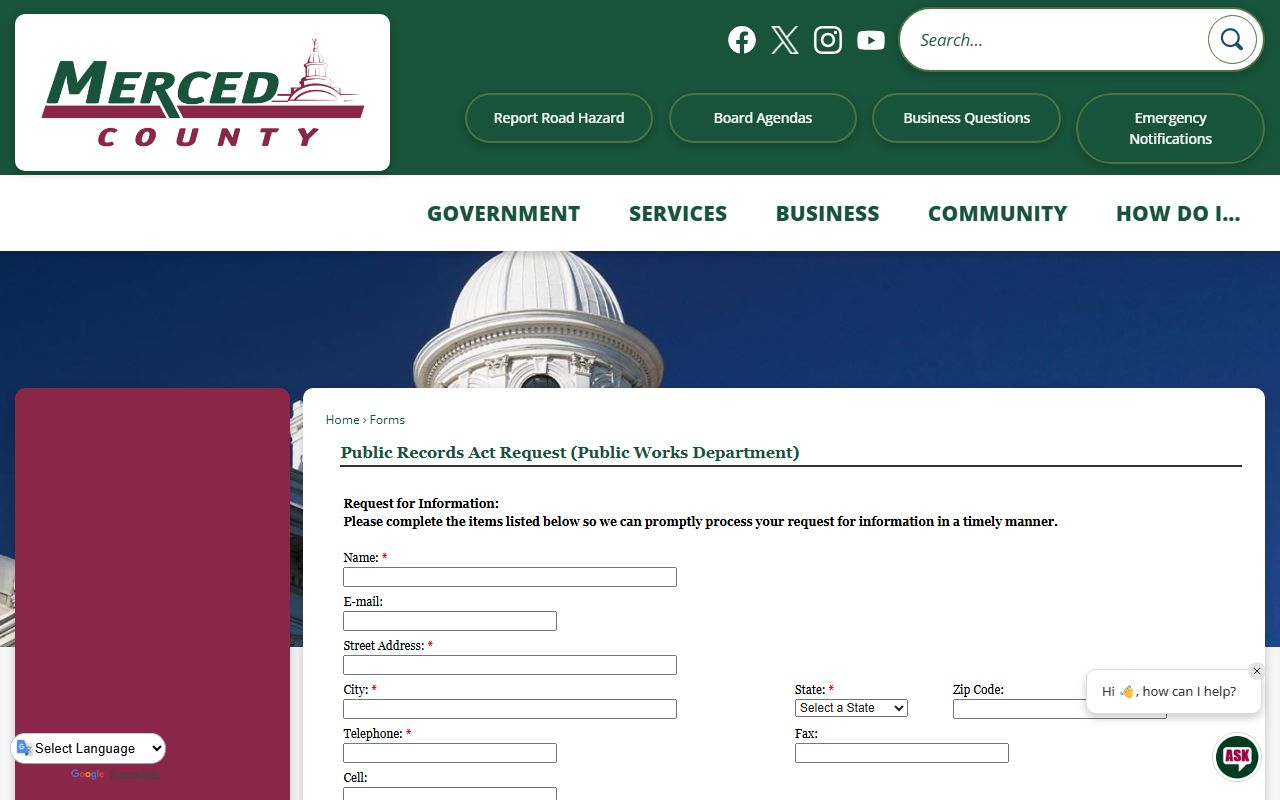 Merced County public records request web form for CPRA submissions