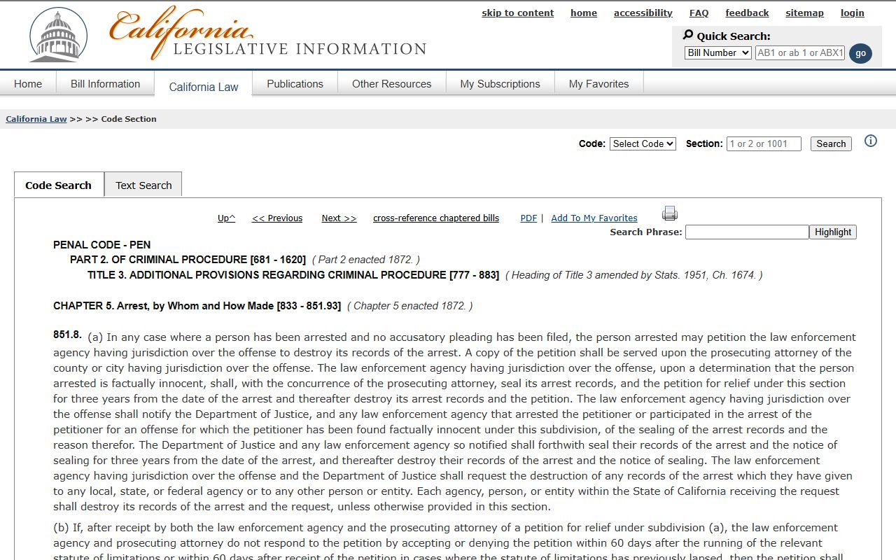 California Penal Code 851.8 page for sealing Merced County arrest records