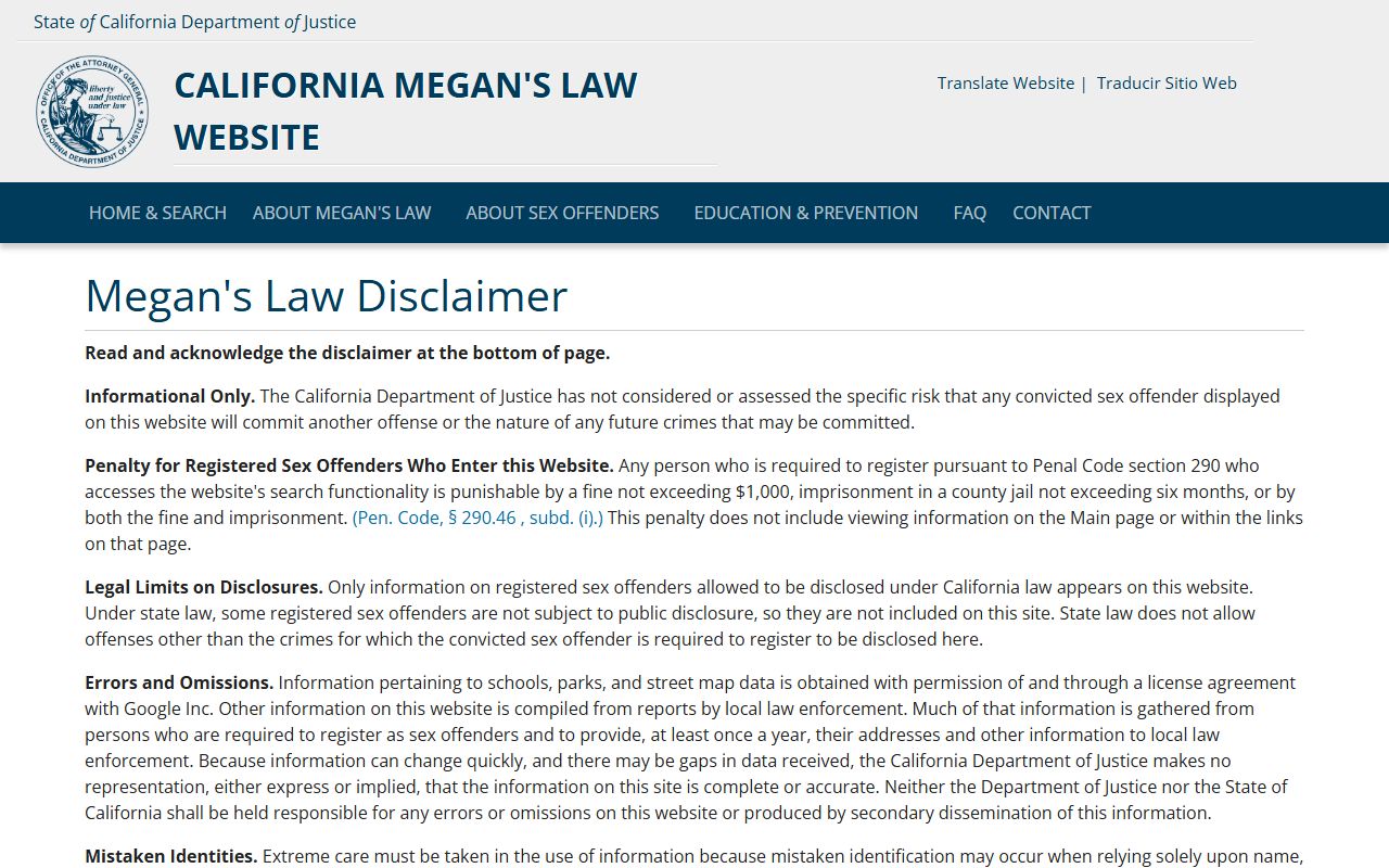California Megan's Law sex offender registry public search