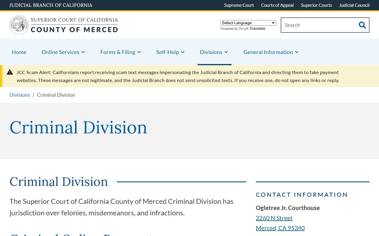 Merced County Superior Court Criminal Division information page