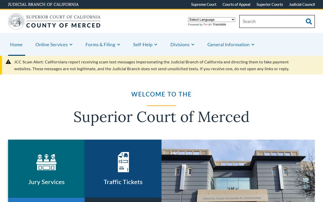 Merced County Superior Court home page for court records lookup