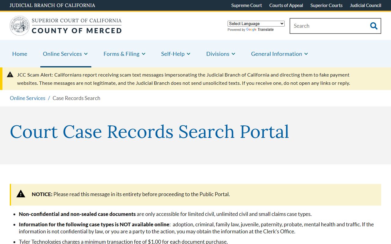 Merced County Court online records notice for case search