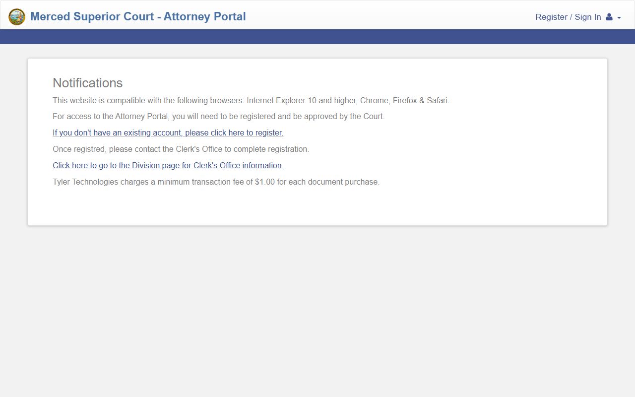 Tyler Odyssey portal for Merced County Court records search